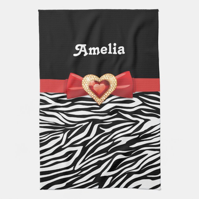 Glamourous Black white zebra print, red bow & jewe Kitchen Towel (Vertical)