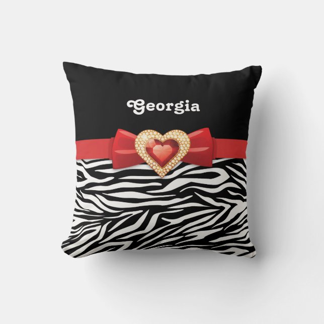 Glamourous Black white zebra print, red bow & jewe Throw Pillow (Front)