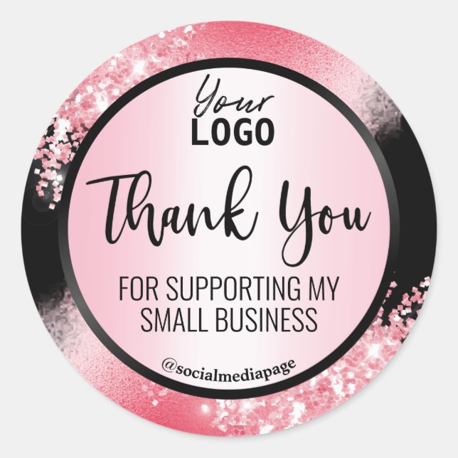 Glamourous Black With Pink Glitter Thank You Logo Classic Round Sticker (Front)