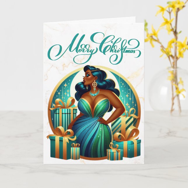Glamourous Black Woman Festive Stylish Christmas Card (Yellow Flower)