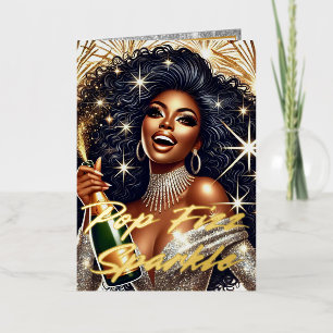 Glamourous Black Woman Popping Champagne Birthday  Foil Greeting Card