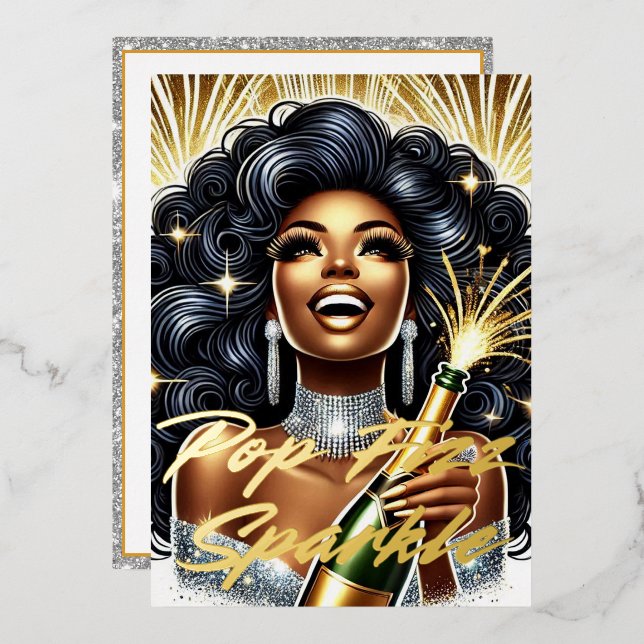 Glamourous Black Woman Popping Champagne New Year’ Foil Holiday Card (Front/Back)