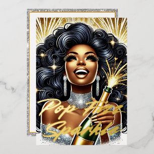 Glamourous Black Woman Popping Champagne NYE Party