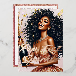 Glamourous Black Woman Popping Champagne NYE Party