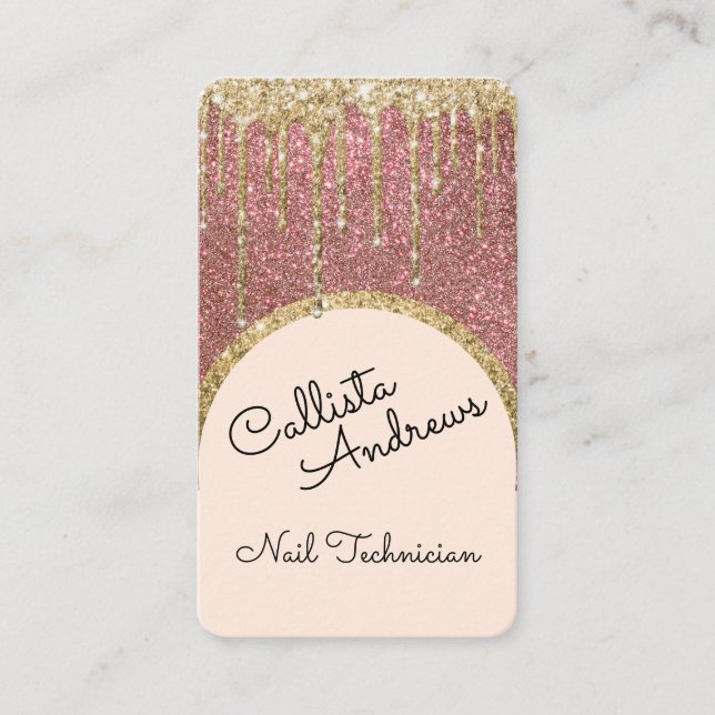 Glamourous Bling Rose Gold Glitter Drip Nail Tech Business Card (Front)