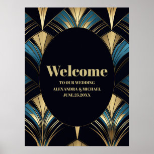 Glamourous Blue and Gold Art Deco Wedding  Poster
