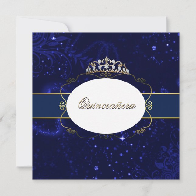 Glamourous Blue and Gold Quinceañera Invitation (Front)