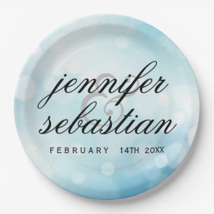 Glamourous Blue Bokeh Light monogram wedding Paper Plate