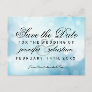 Glamourous Blue Bokeh Light  Wedding Postcard