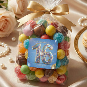 Glamourous Blue Gold Glitter Balloons Sweet 16 Square Sticker