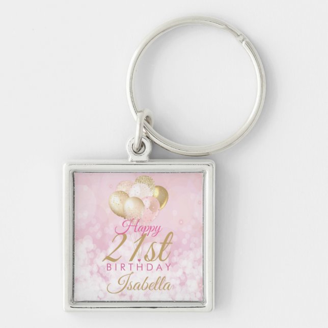 Glamourous Blush Pink Gold 21st Birthday Balloon Keychain (Front)