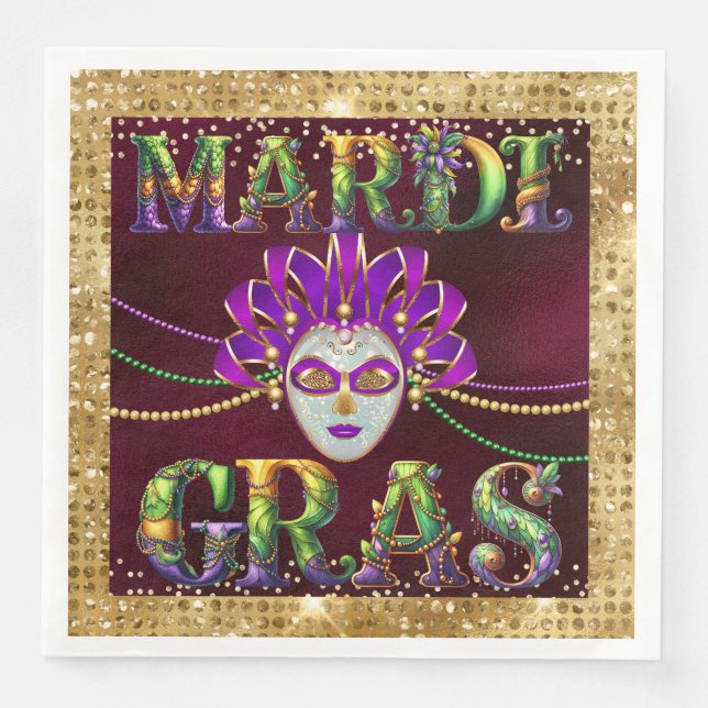 Glamourous Burgundy Masquerade Mardi Gras Party Napkin (Front)