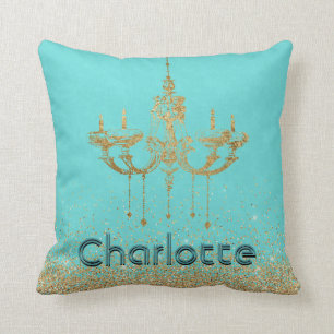 Glamourous Chandelier Aqua Teal Gold Glitter Name Throw Pillow