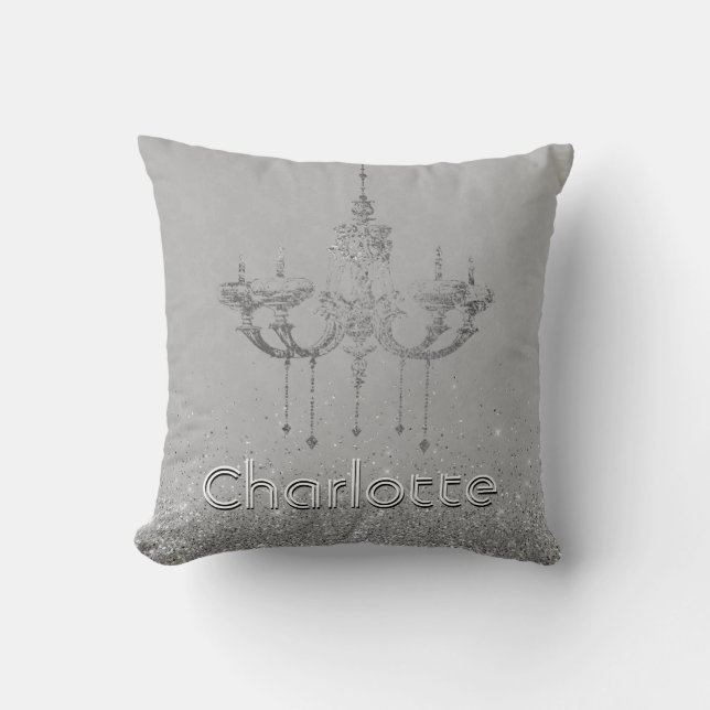 Glamourous Chandelier Grey Silver Glitter Name Throw Pillow (Front)