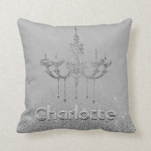 Glamourous Chandelier Grey Silver Glitter Name Throw Pillow