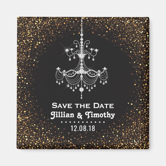 Glamourous Chandelier Wedding Save the Date Gold Magnet (Front)
