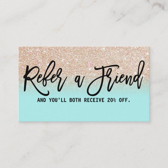 Glamourous Chic Mint Gold Glitter Modern Referral Card (Front)