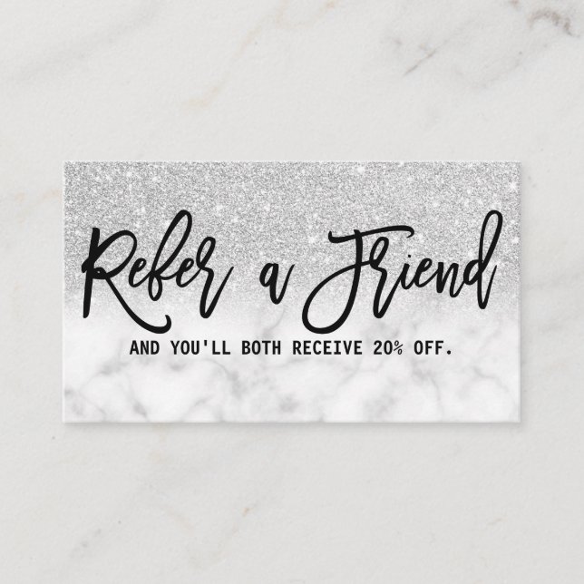 Glamourous Chic Modern Silver Glitter Marble Referral Card (Front)