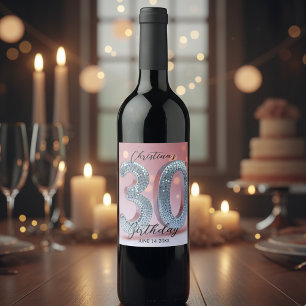 Glamourous Chic Pink and Silver Sequin 30 Birthday Wine Label