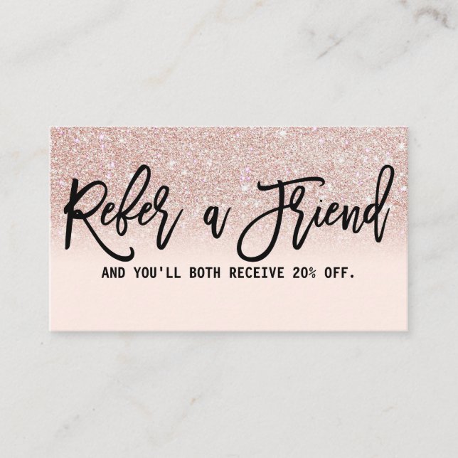 Glamourous Chic Rose Gold Glitter Pink Modern Referral Card (Front)