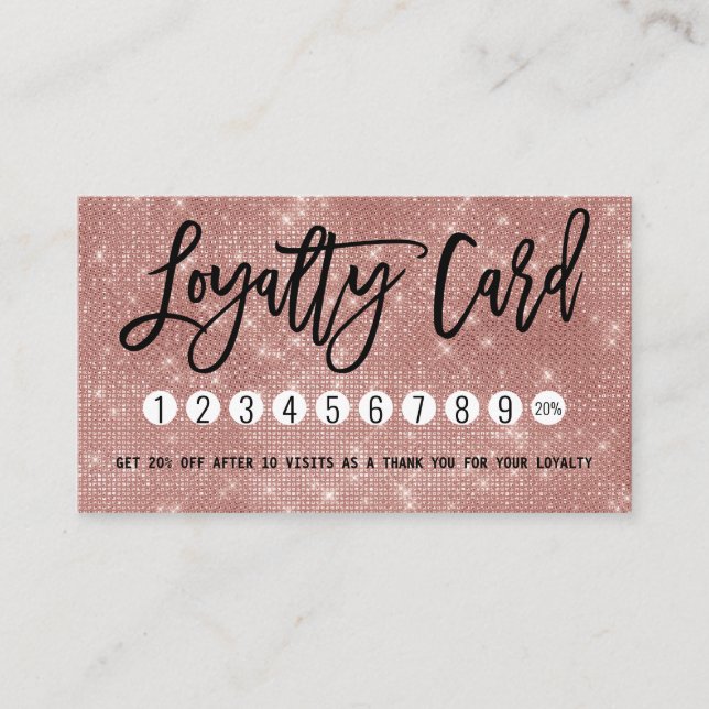 Glamourous Chic Rose Gold Glitter Sequins Modern Loyalty Card (Front)