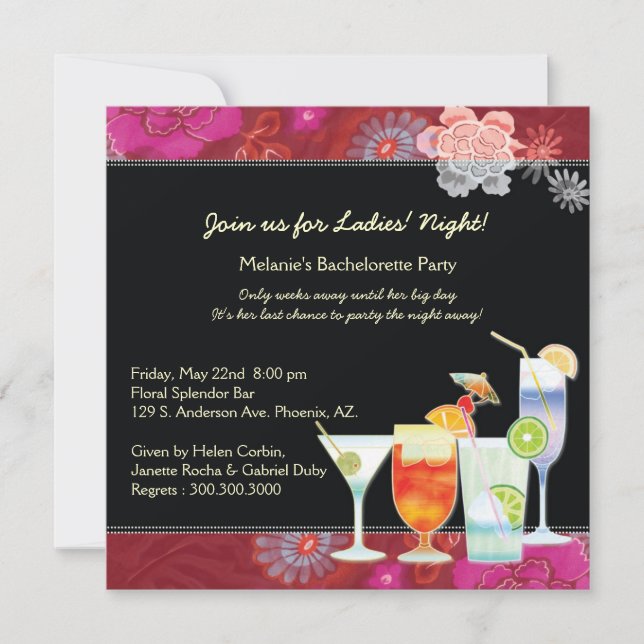 Glamourous Cocktails Cute Pink Bachelorette Party Invitation (Front)