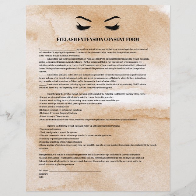 Glamourous Coffee  EYELASH EXTENSION CONSENT FORM Flyer (Front)