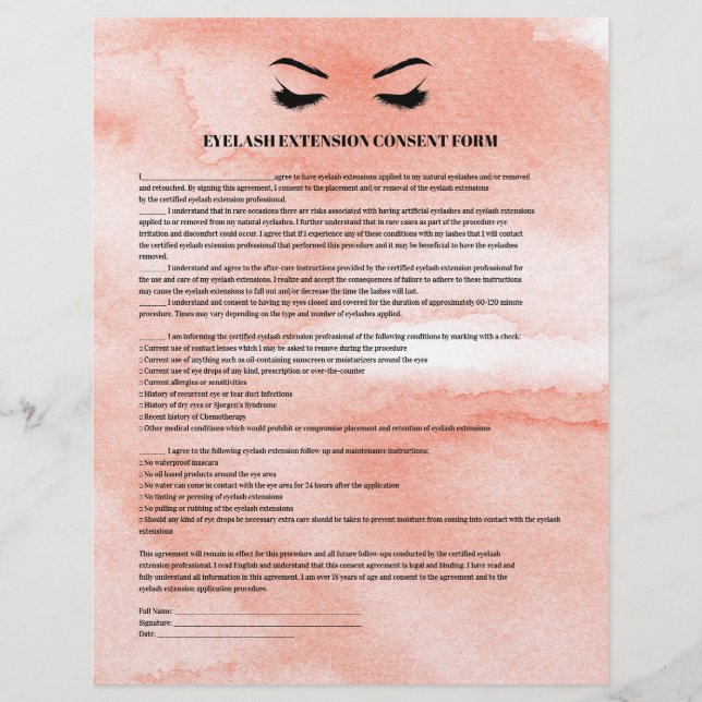 Glamourous Coral EYELASH EXTENSION CONSENT FORM Flyer (Front)