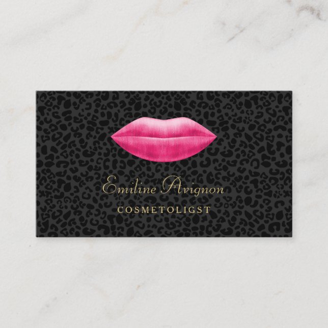 Glamourous Cosmetologist Black Leopard Pink Lips Business Card (Front)