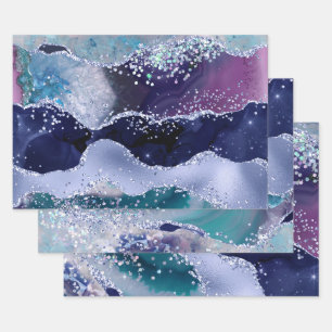 Glamourous Dark & Light Blue Faux Glitter Agate Wrapping Paper Sheet