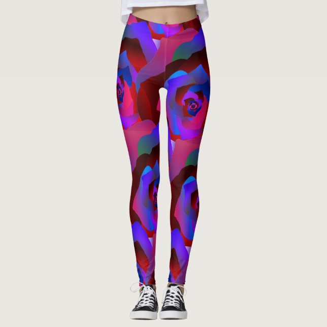 Glamourous dark red purple blue abstract rose leggings (Front)