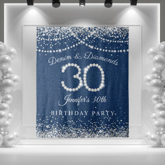 Glamourous Denim & Diamonds 30th Birthday Backdrop Tapestry