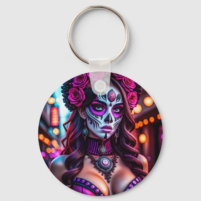 Glamourous Día de los Muertos Catrina portrait wit Keychain (Front)