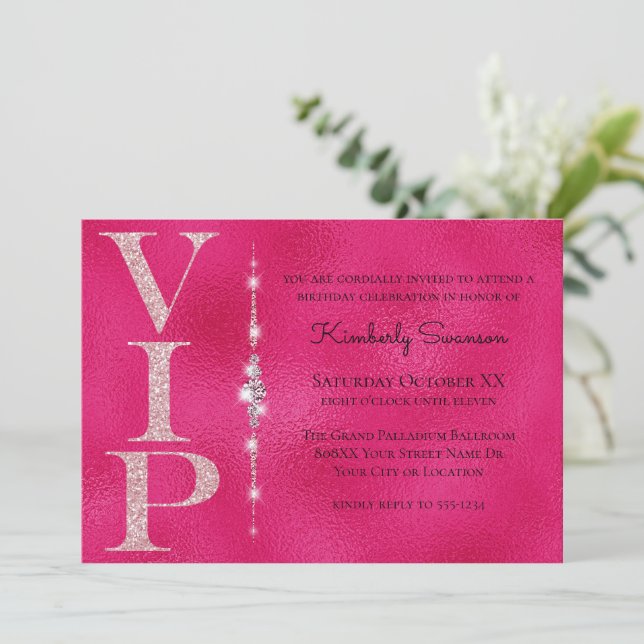 Glamourous Diamonds Hot Pink Glitter VIP Party Invitation (Standing Front)