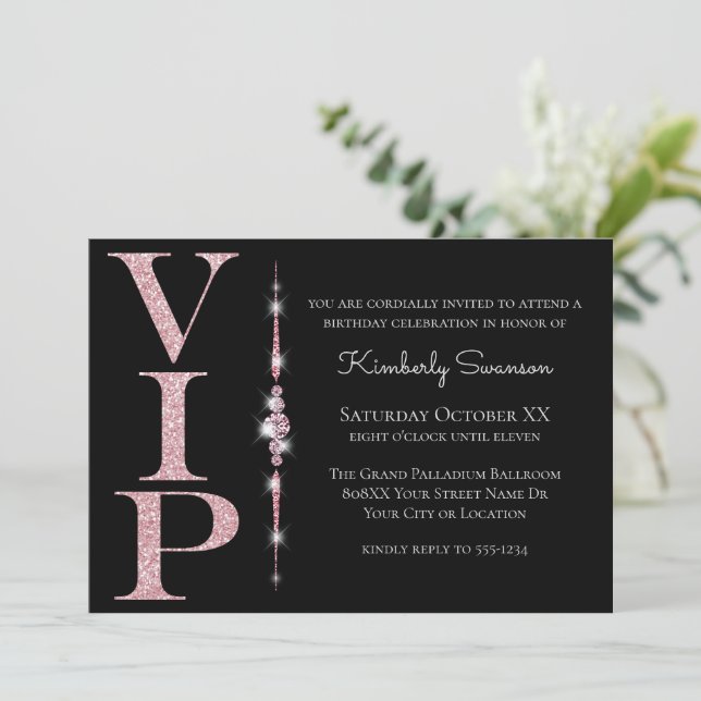 Glamourous Diamonds on Black Pink Glitter VIP Part Invitation (Standing Front)