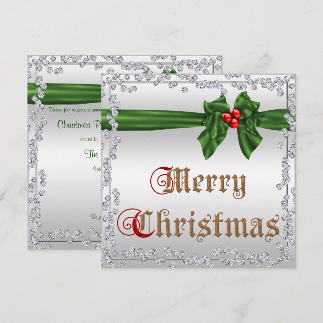 Glamourous Diamonds & Silky Sash Bow Christmas Invitation (Front/Back)