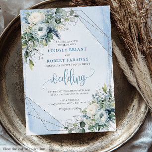 Glamourous Dusty Blue White Silver Peonies Wedding Invitation