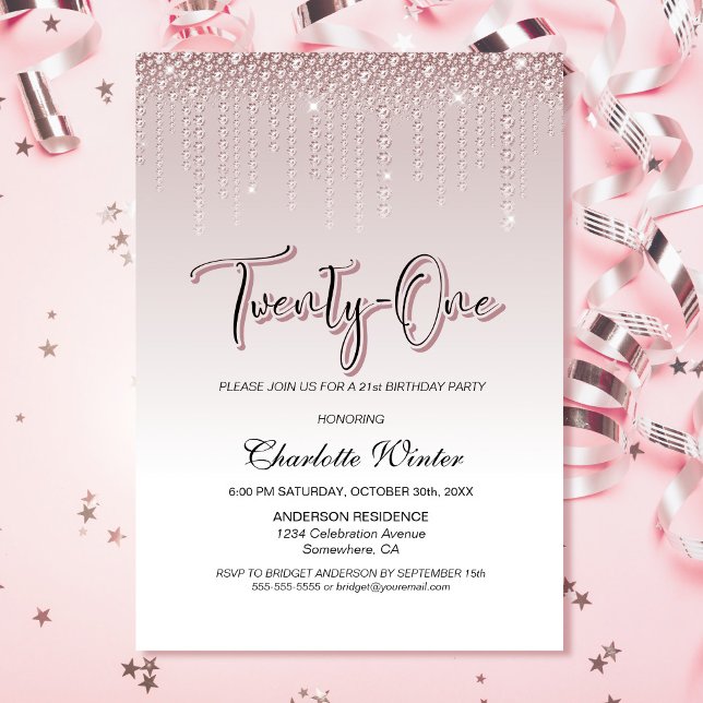 Glamourous Dusty Rose Pink Diamonds 21st Birthday Invitation (Creator Uploaded)