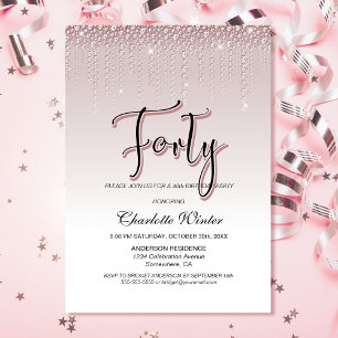 Glamourous Dusty Rose Pink Diamonds 40th Birthday Invitation