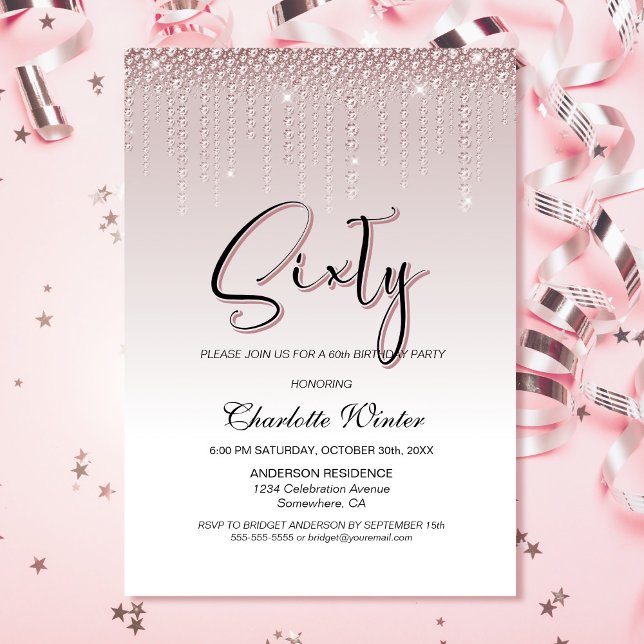 Glamourous Dusty Rose Pink Diamonds 60th Birthday Invitation (Creator Uploaded)