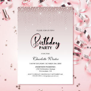 Glamourous Dusty Rose Pink Diamonds Birthday Party Invitation