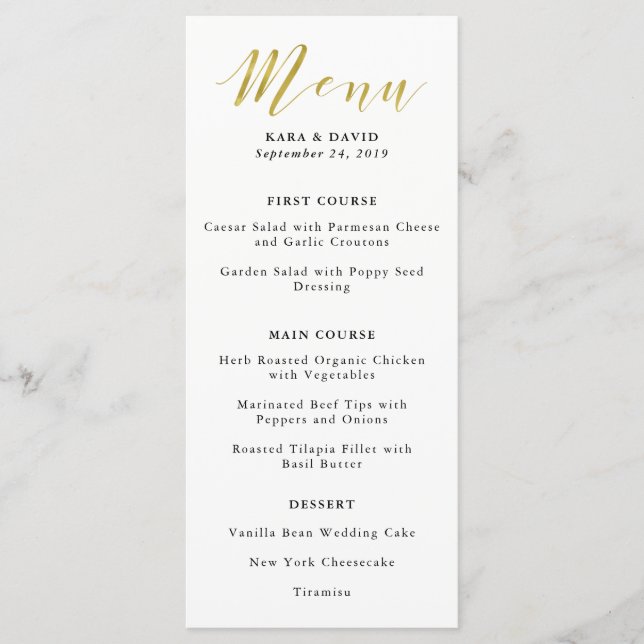 Glamourous Faux Gold Classic Wedding Menu (Front)