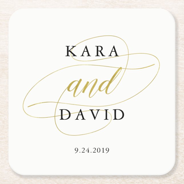 Glamourous Faux Gold Classic Wedding Square Paper Coaster (Front)