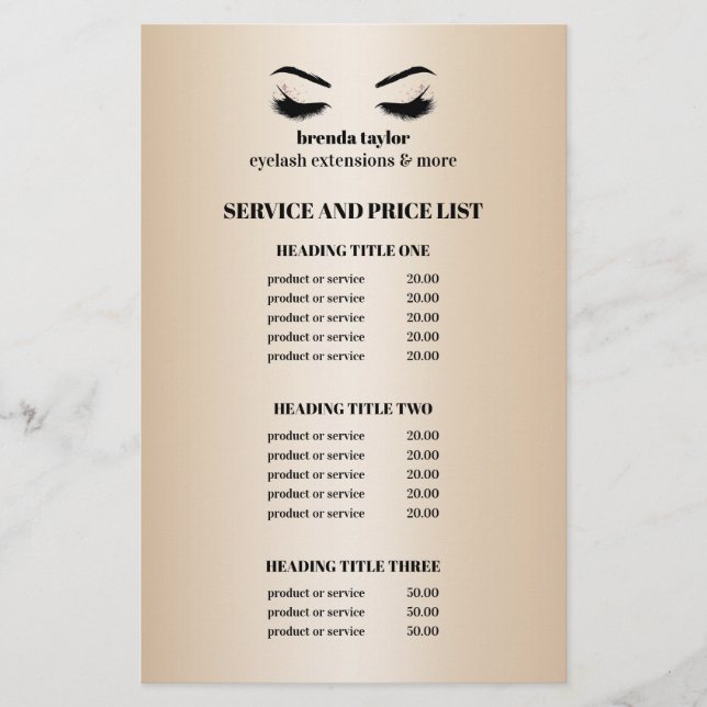 Glamourous faux gold EYELASH SALON SERVICE LIST Flyer (Front)