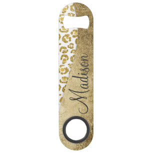 Glamourous Faux Sparkly Gold Leopard Monogram Speed Bottle Opener