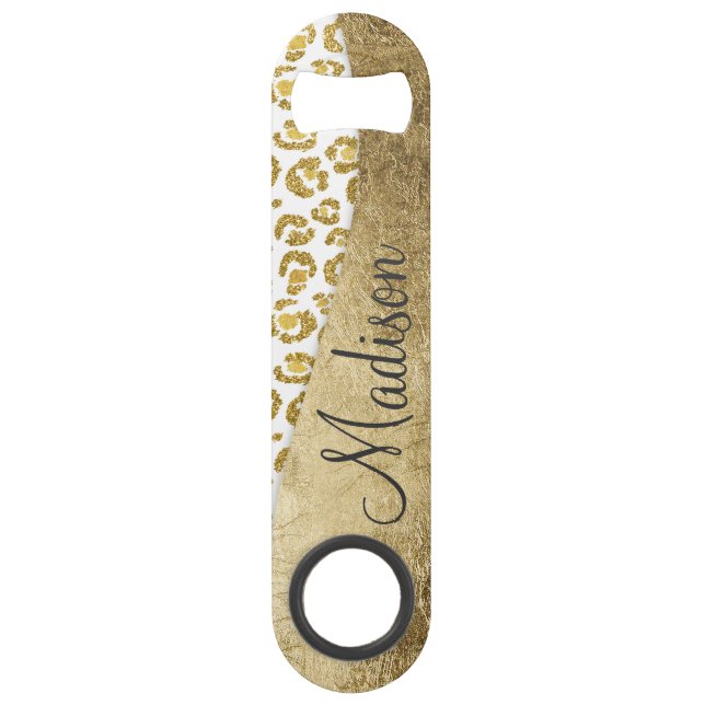 Glamourous Faux Sparkly Gold Leopard Monogram Speed Bottle Opener (Front)