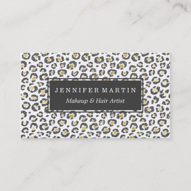 Glamourous Faux Sparkly Gold & Silver Leopard Business Card (Front)