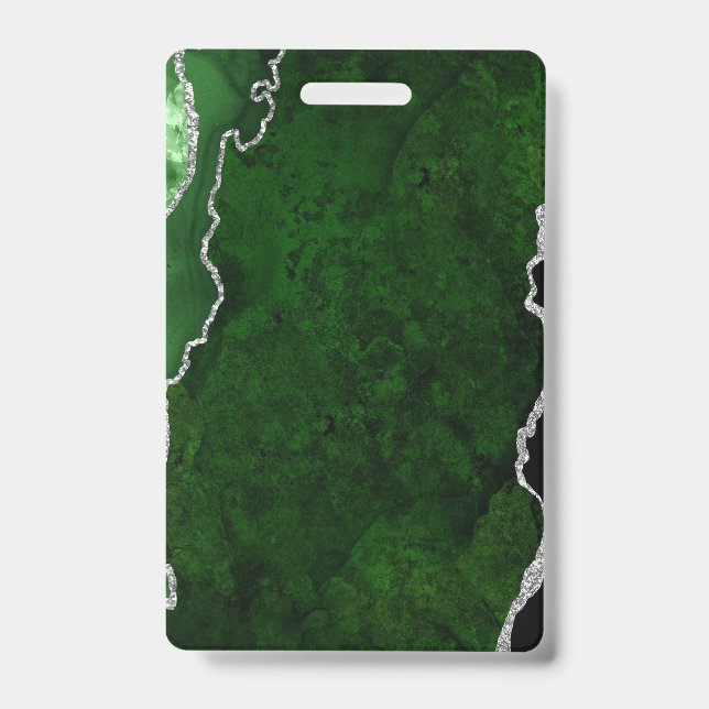 Glamourous Forest Green Marble Chic Silver Glitter Badge (Front)