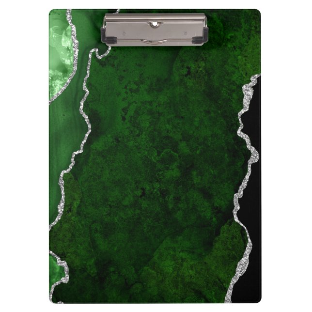 Glamourous Forest Green Marble Chic Silver Glitter Clipboard (Front)
