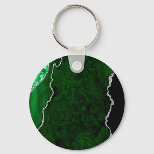 Glamourous Forest Green Marble Chic Silver Glitter Keychain